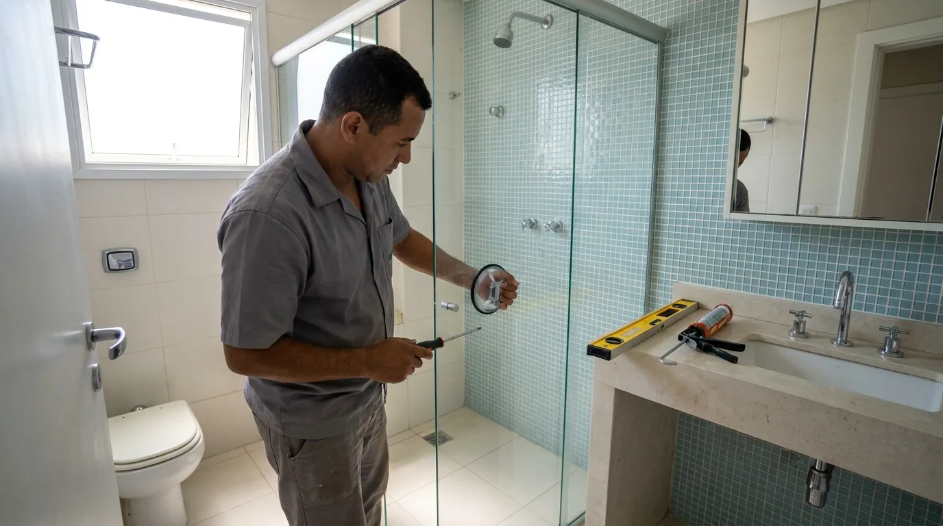 Box de vidro sendo fixado em banheiro com revestimento pronto