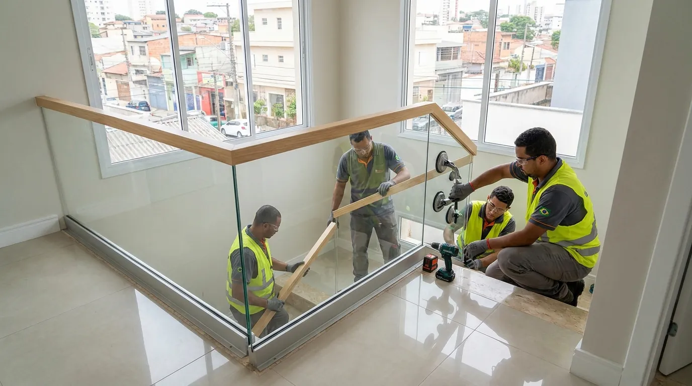 Guarda-corpo de vidro montado na borda da laje