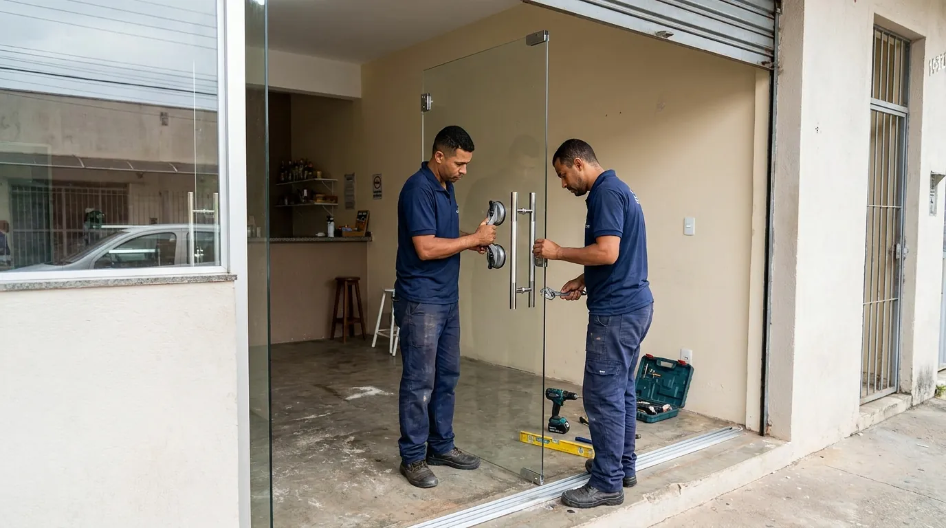 Porta de vidro colocada no vão de uma casa nova